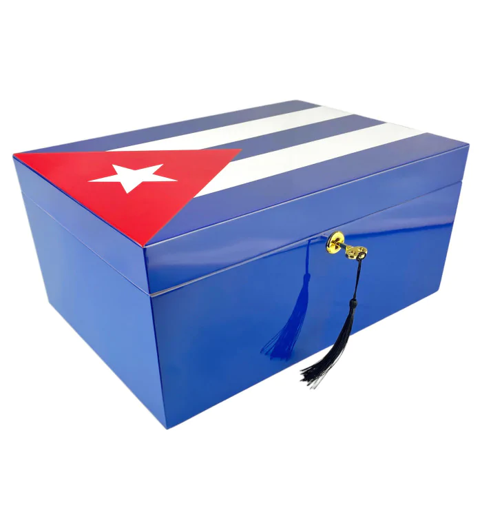 Zigarren Humidor Blau mit kubanischer Flagge für 100 Zigarren